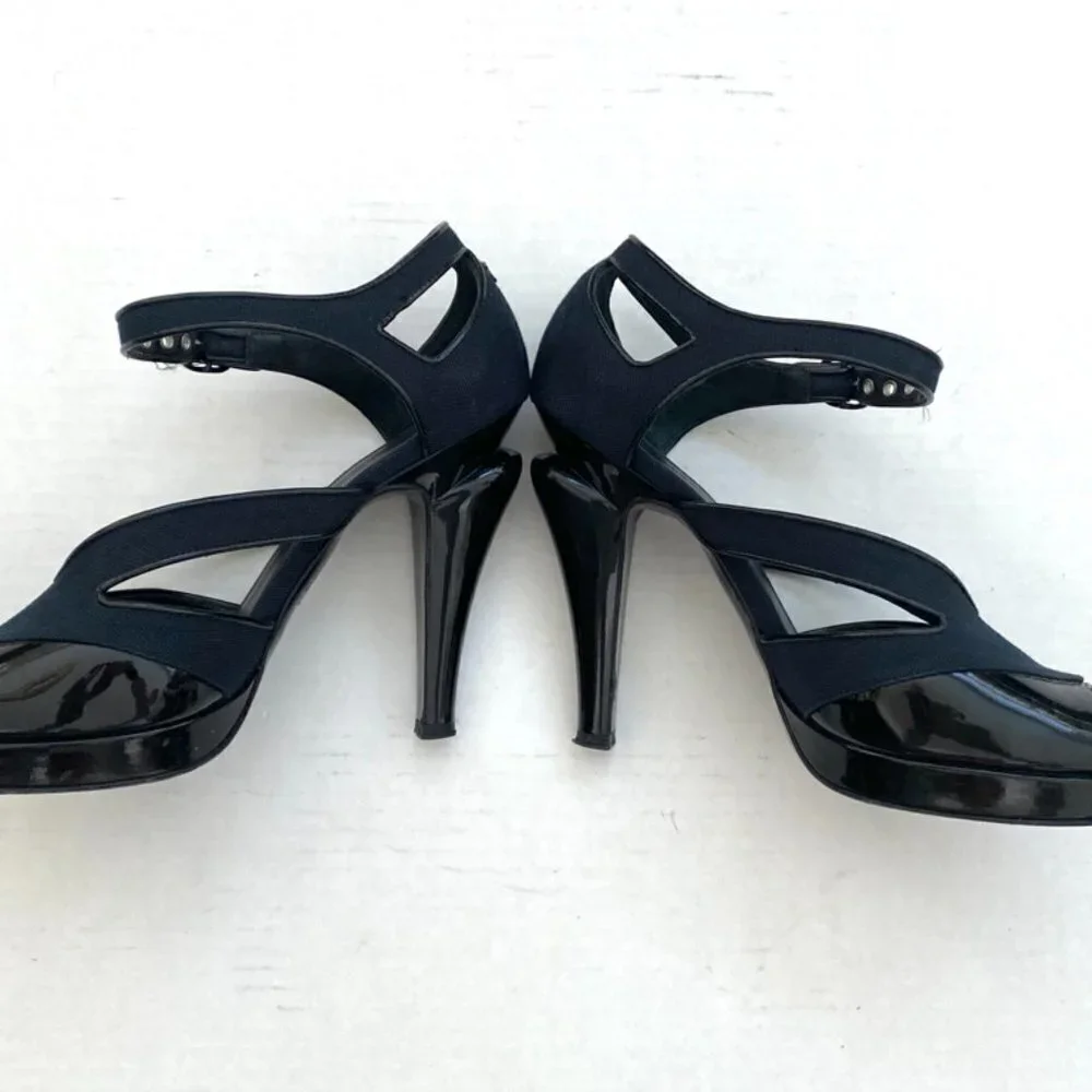 Chanel Black Patent Blue Fabric Platform Heels Size 38 US 7.5